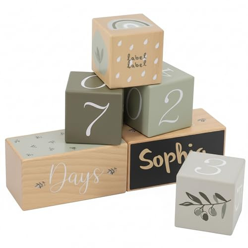 Personalizable juego de bloques de hitos verde oliva – cubos de madera con números y motivos – para bebés a partir de 24 meses – para recién nacidos y bebés – personalizado con nombre – Label Label