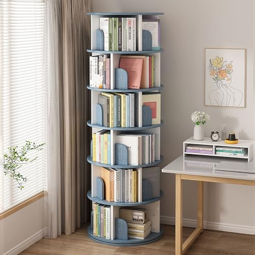 Estantería giratoria de 360° con torre de libros redonda para espacios pequeños, estantería independiente para sala de juegos, dormitorio, sala de estar, color azul (15.7 x 75.1 pulgadas)