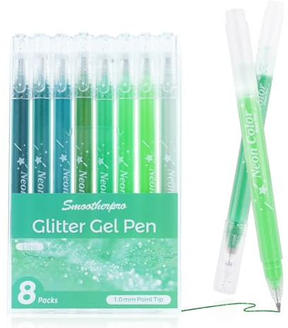 SMOOTHERPRO Metalliska glittergelpennor | Förpackning med 8 | 1,0 mm spets grön glitter glittrande biro | gelpennor för vuxna färgböcker kort journalföring hantverk ritning skrift (GLP008G) | grön