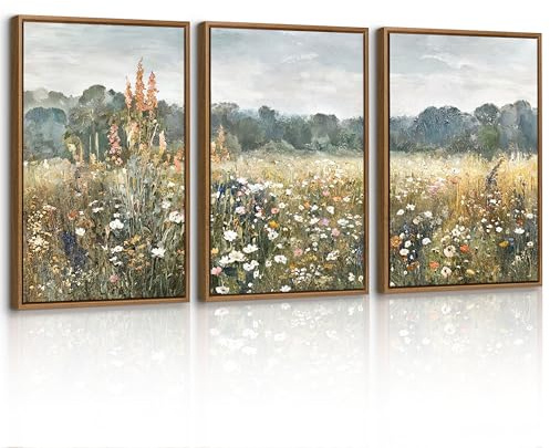 3 st moderna målningar vintage vilda blommor landskap canvastryck med ram, retro fält blommor målning klassisk natur målning väggkonst dekor för vardagsrum sovrum 40 x 60 cm x 3
