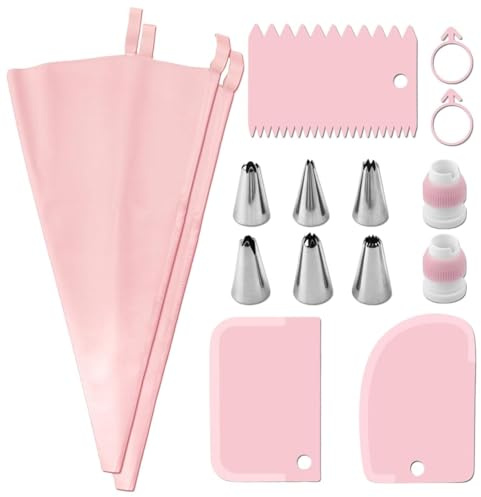Set di sac à poche e punte, kit di accessori per la decorazione di torte con 2 sac à poche in silicone, 6 beccucci per tubazioni, 3 raschietti per torte, 2 accoppiatori, 2 fascette per sacchetti (rosa