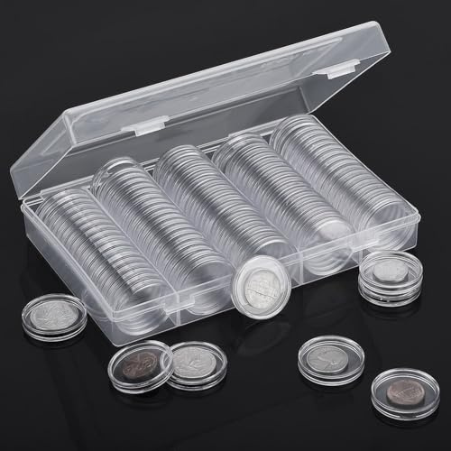 100-pack 25 mm runda myntkapslar med förvaringsbox plastbehållare för myntsamlare och konservering