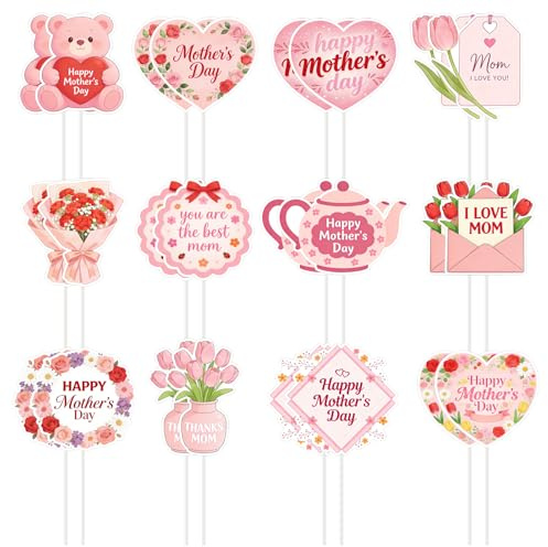 Set di 24 decorazioni per cupcake Happy Mothers Day - Decorazioni per cupcake per la festa della mamma con cuori, bouquet e orsetti, decorazioni per torte non commestibili in cartoncino di alta