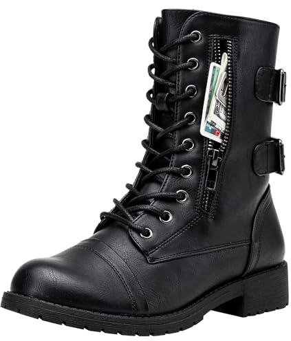 Vepose Women's Black Lace up Combat Boots, Mid Calf Hiking Boots, 929 Size 9.5 US - Credit Card Wallet Pocket (CJY929 Black 09.5)