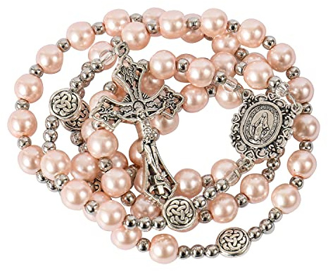 Pink Glass Pearl Catholic Rosary Necklace with Our Lady of Graces Medal & Cross Five-Decade Prayer Rosary for Women and Men