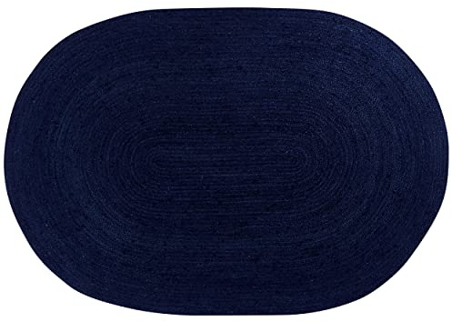 Super Area Rugs All Natural Soft Jute Braided Hand-Woven Rug Natural Navy Blue 3' X 5'