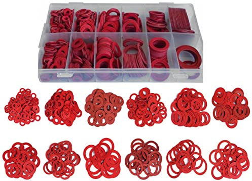 600 Pcs Fibre Washer Assorted Set in a Storage Box- Assorted Red Steel Paper Insulation Fibre Washers, Various Size Sealing Washers