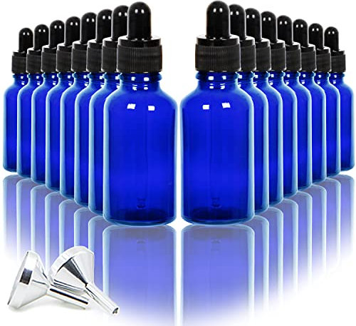 Youngever 16 Pack 30ML Blue Glass Dropper Bottles for Essential Oil, 2 Stainless Steel Mini Funnels