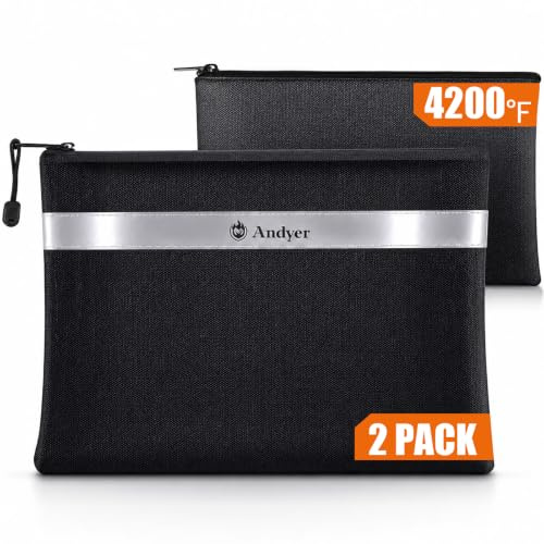 Andyer Fireproof Document Bag with Money Bag - 2 Pack 13.4 x 10 and 11 x 6 Waterproof Fireproof Money Bag for Cash, Small Fireproof Safe Pouch, Fire Proof Bag for Documents/Valuables with Zipper