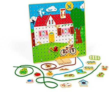 Bigjigs Toys House Lace-a-Shape Game - 30 Geometric Shape Lacing Cards & 6 Laces, Fine Motor Skills Toys, Threading Toys for 2+ Year Olds, Ideal Early Learning & Threading Toddler Toy
