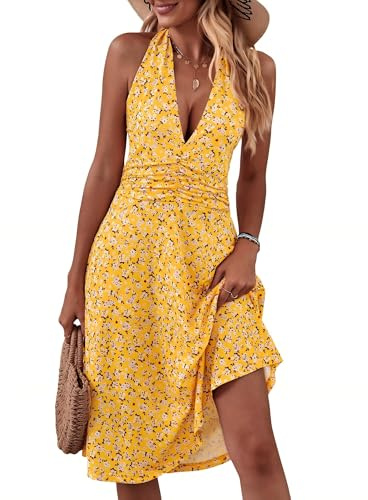 HUHOT Sundress Summer Beach Dresses for Women 2025 Vacation Casual Sun Dress Spring Resort Wear Boho Cruise Outfits Easter Homecoming Graduation Sleeveless Petite Dresses Yellow Floral