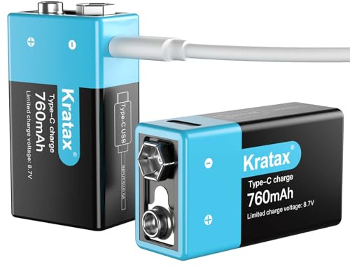 Kratax USB Rechargeable 9v Lithium Batteries 2 Pack 760mAh 9 Volt Li-ion Rechargeable Battery with 2H Quick Charge Cable, 1500 Cycles Long Lasting for Smoke Detectors, Microphones