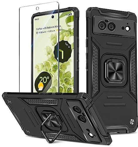 Btstring Hülle kompatibel mit Google Pixel 6 mit Schutzfolie, Militär Standard Stoßfest Handyhülle Case Hybrid Metall Ring Halter Schutzhülle Handy Hüllen Cover -Schwarz