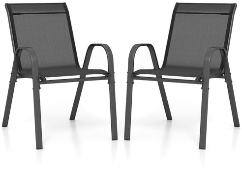 GOPLUS 2er Set Gartenstühle stapelbar, Bistrostuhl Balkonstuhl aus Textilene bis 150kg, Stapelstuhl mit Rückenlehne und Armlehn, Essstuhl Outdoor für Garten Terrassen Balkon Pool (Schwarz)