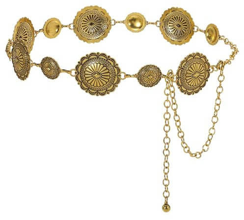 JasGood Damen Concho Taillenkettengürtel Mode Kettengürtel Taillenkette Taillengürtel Verstellbarer Metall Gürtel Gold Damen Western Cowgirl Gürtel für Kleider,Antikgold,110cm