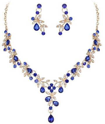 Clearine Set di gioielli da sposa per donna, collana a Y, orecchini pendenti, set impressionante cristallo a goccia, foglia di fiore, ballo, per sposa, damigella d'onore, colore blu oro,