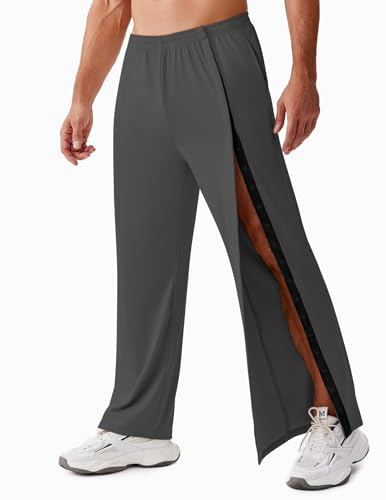 Deyeek Mens Post Knee Hip Surgery Pants Adaptive Tear Away Pants for Men Side Snap On Sweatpants Baggy Breakaway Pant Dark Gray