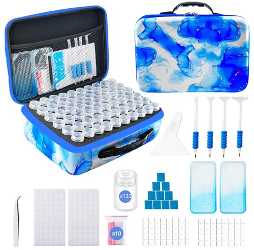 SuSentak Contenitori per diamond art, con strumenti per trapano, 120 scomparti, per kit artistici fai da te 5D, scatola portatile per accessori per pittura con diamanti (blu)