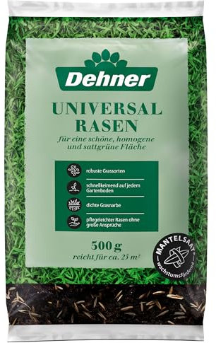 Dehner Semi di erba universale, semi di alta qualità per prato denso e verde intenso, germinante rapidamente/facile da pulire/robusti, ideali per semina e impianti nuovi, 500 g, per circa 25 m²