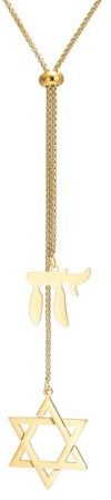 Dreamtimes Jewish Hebrew Chai Pendant Necklace Star of David Necklace for Men Women Y Chain Adjustable Long Necklaces Elegant Jewish Jewelry (Gold)