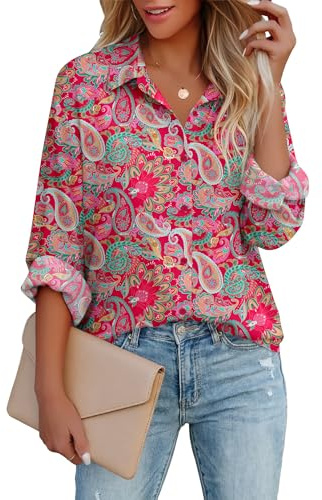 Zeagoo Long Sleeve Blouses for Women Floral Button Up Shirts V Neck Business Summer Fashion Chiffon Tops Hot Pink XXL