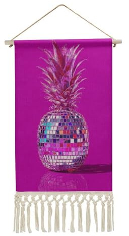 Jubonexis Arazzo da parete in lino, motivo palla da discoteca, ananas su sfondo magenta, poster da parete vintage con nappe e asta in legno