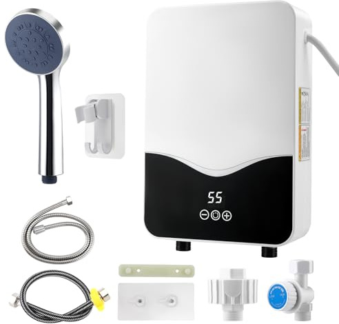 5500 W scaldabagno istantaneo 230 V per doccia e cucina | Mini scaldabagno elettrico con display a LED e soffione doccia | IPX4 protezione dagli spruzzi d'acqua per bagno, giardino (C)