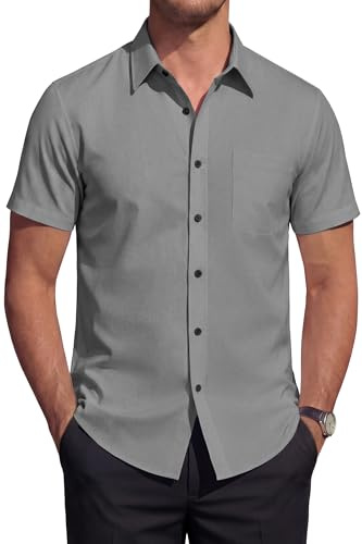 HISDERN Men's Short Sleeve Shirt Stretch Non Iron Formal Summer Button Down Shirts Regular Fit Business Office Smart Casual with Pocket Grey L