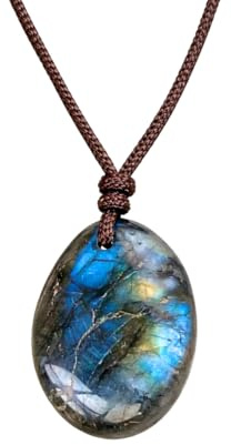 LLUXIA Collier en Labradorite Naturelle – Pendentif Ovale Poli avec Cordon Marron Réglable – Bijou Énergétique pour Homme et Femme – Lithothérapie – Bijou à la Mode