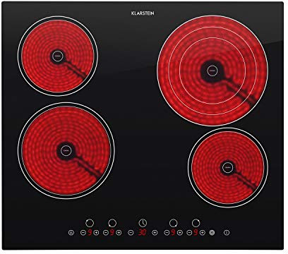 Klarstein Virtuosa Placas Cocción - Cocina vitrocerámica Empotrable, 4 Placas, 6500 W, 9 niveles de regulación, Temporizador, Apagado automático, Panel táctil, Protección Calentamiento, Negro