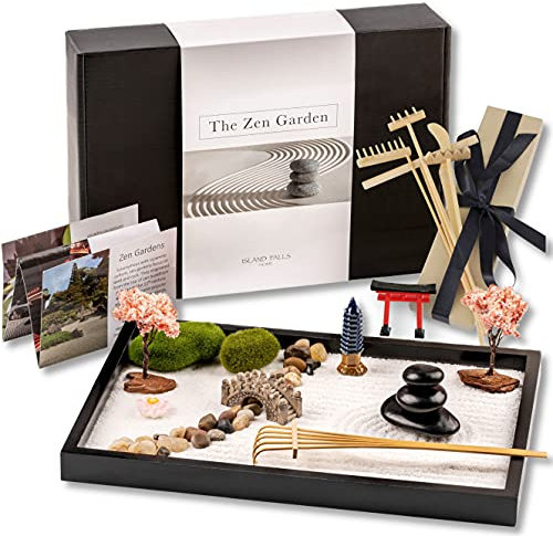 Island Falls Home Zen Garten Set 11x8 Zoll Premium Japanisches Sand Miniatur Geschenk Set. für Haus & Büro, Steine Garden, 6 Werkzeuge, 12 Funktionen, Sand. Zen Meditation Dekoration und Japan Deko