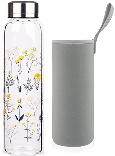 Reeho Sport Borosilikat Glasflasche Wasserflasche mit Neopren-Hülle mit Auslaufsicher Edelstahldeckel 500 ml / 1000 ml / 1 Liter (500ml, Blühende Zweige)