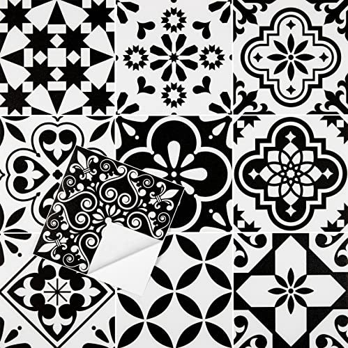Elffloor Adhesive Floor Tiles Peel and Stick Floor Tiles Vinyl Flooring for Kitchen Bathroom Living Room Waterproof Black White 20X20cm 24pcs