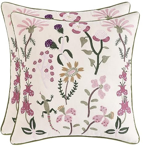 Tosleo Fundas de almohada decorativas de 45,7 x 45,7 cm, 2 unidades, diseño de flores rosas con geco bordado, fundas de almohada de algodón para decoración del día de Alentine, funda de almohada