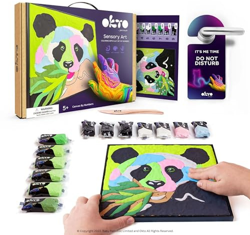 Okto Paint by Numbers for Children - Kid's Kit with Air Dry Clay, Unique 2D Wall Art, Sensory Canvas, Panda Themed, Framed Animal Kit for Age 5+