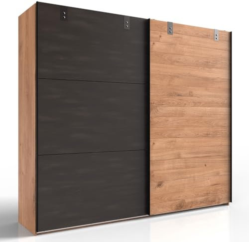 Lomadox Kleiderschrank Schwebetürenschrank 250 cm, 2 Türen, 3 Kleiderstangen, Eiche mit Stahl Nb.