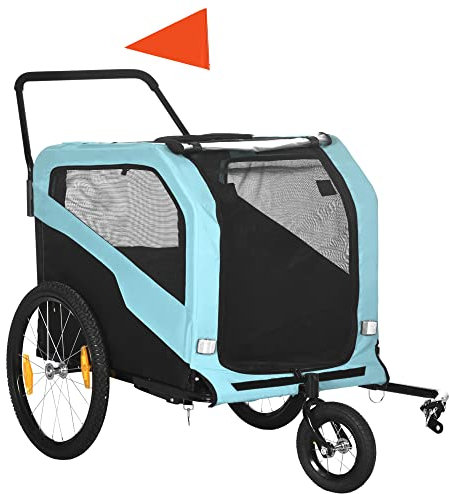 PawHut Rimorchio Bici per Cani 2 in 1 con 2 Ingressi e Tasche Portaoggetti, Passeggino per Cani 30kg max in Acciaio e Tessuto Oxford, Blu