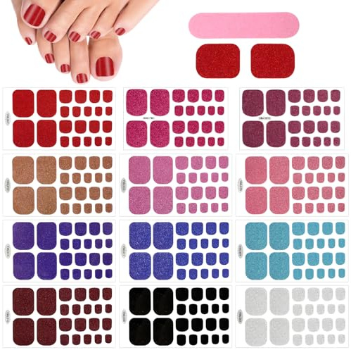 JSRQT 12 Feuilles Bandes d'Ongles d'Orteils 3D Glitter de Pieds Auto-Adhésifs Ongles Autocollants avec Lime à Pied Full Wrap Autocollant Complète Manucure Décoration
