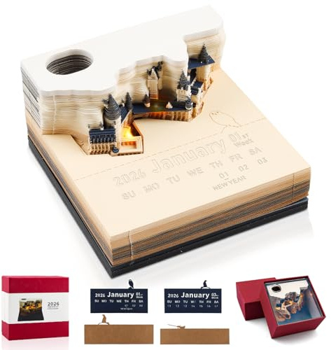 2026 Strappare Calendario 3D, Calendario 3D Con Luci a Led Portapenna, Blocco Note 3D Con Scatola Di Visualizzazione Trasparente, Calendario Da Tavolo Magic Castle Per Ornamenti Desktop Compleanno