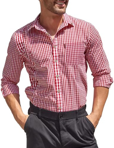 Misfuso Chemise Homme Casual à Carreaux Manche Longues avec Poche Poitrine Chemise Homme Décontractée en 100% Coton Rose XXL