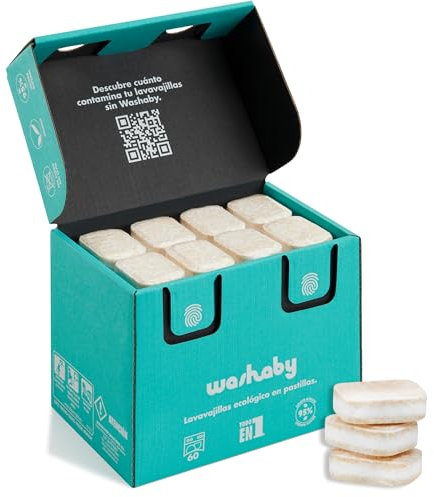 Washaby - Pastillas Lavavajillas Ecológicas | 60 Cápsulas Acción 9 en 1 | Certificado Ecolabel | Detergente Lavavajillas Ecológico en Cápsulas Biodegradables | 95% Natural Sin Fosfatos ni Plásticos