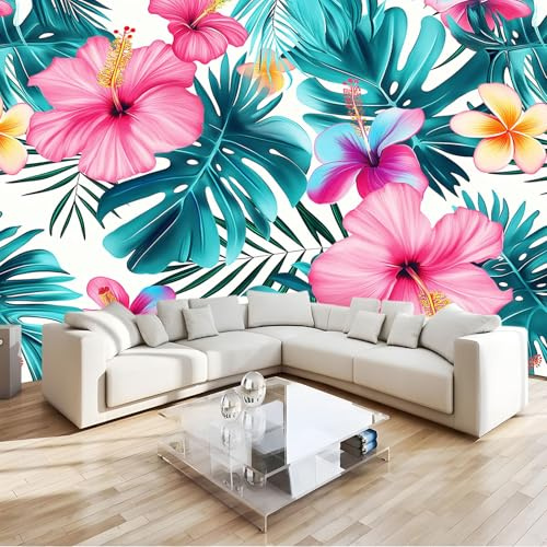 Turquesa Papeles Pintados de Pared Hojas de palma de flores tropicales Fotomurales 400x280 cm Tejido No Tejido Papel Tapiz Fotográfico Decorativos Murales Dormitorio Oficina Hotel Spa