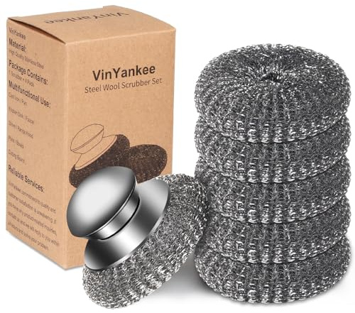 6Pcs Steel Wool Scrubber with Replacement Wire Pads Set, Stainless Steel Scrubber with Handle for Scouring Stubborn Messes from Cast Iron, Pots, Pans, Grill, Stoves, Sink(1 Scrubber+5 Pads)