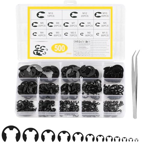 500 Pcs Circlips Assorted Sizes, E Clips, E-Clips Circlip External Retaining Rings Assortment Set, Snap Opening Ring Circlips Kit, C-Clips, M1.2-M15