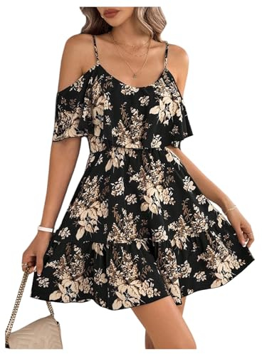 GORGLITTER Women's Floral A Line Flared Flowy Ruffle Dress Cold Shoulder Short Sleeve Mini Sundresses Black Large