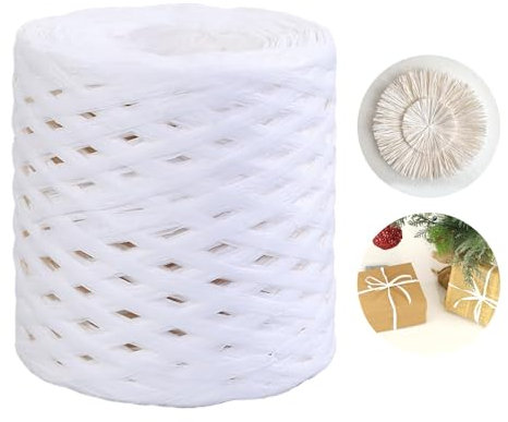 200M Weiß Bastband, Raffiabast Papierband, Naturbast Papierband, Bast-Raffia Papier Packschnur für Geschenkverpackung, Party, Weihnachten, Hochzeit, Valentinstag