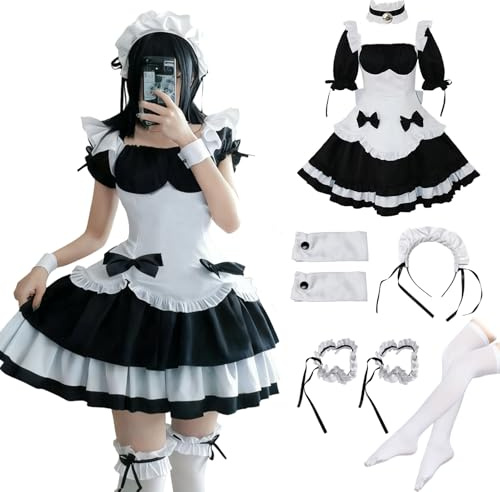 MeYuxg Maid Dress,Anime French Maid Costume,Costume da Cameriera Nera con Calze Bianche,Fascia per Capelli,Fascia per il Collo,Carino Vestito Cosplay per Halloween,Carnevale,Gioco di Ruolo(3XL)