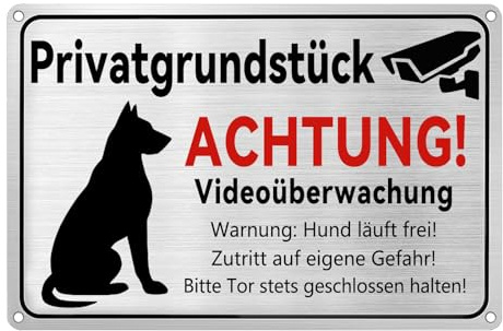 Freilaufender Hund Schild 30x20cm Warnschild Hier wache ich Videoüberwachung Privatgrundstück Selbstklebend mit Bohrlöchern