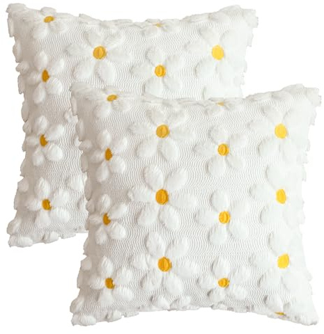 Artoid Mode Set di 2 Federe per Cuscino in Morbido Tessuto Sintetico Felpato Bianco Crema con Motivo Margherite, 45x45 cm, Federe Decorative per Divano e Soggiorno