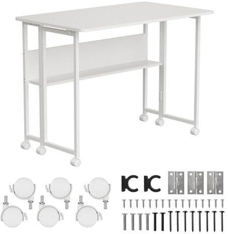 Maclean MC-126 W Klappbarer Mobiler Schreibtisch Weiß 100x58 cm mit Regal Stahlgestell 50 kg belastbar Computertisch Arbeitstisch Büro Tisch auf Rollen